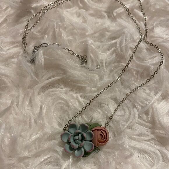 Succulent Polymer Clay Necklace on Silver Chain - Picture 1 of 4